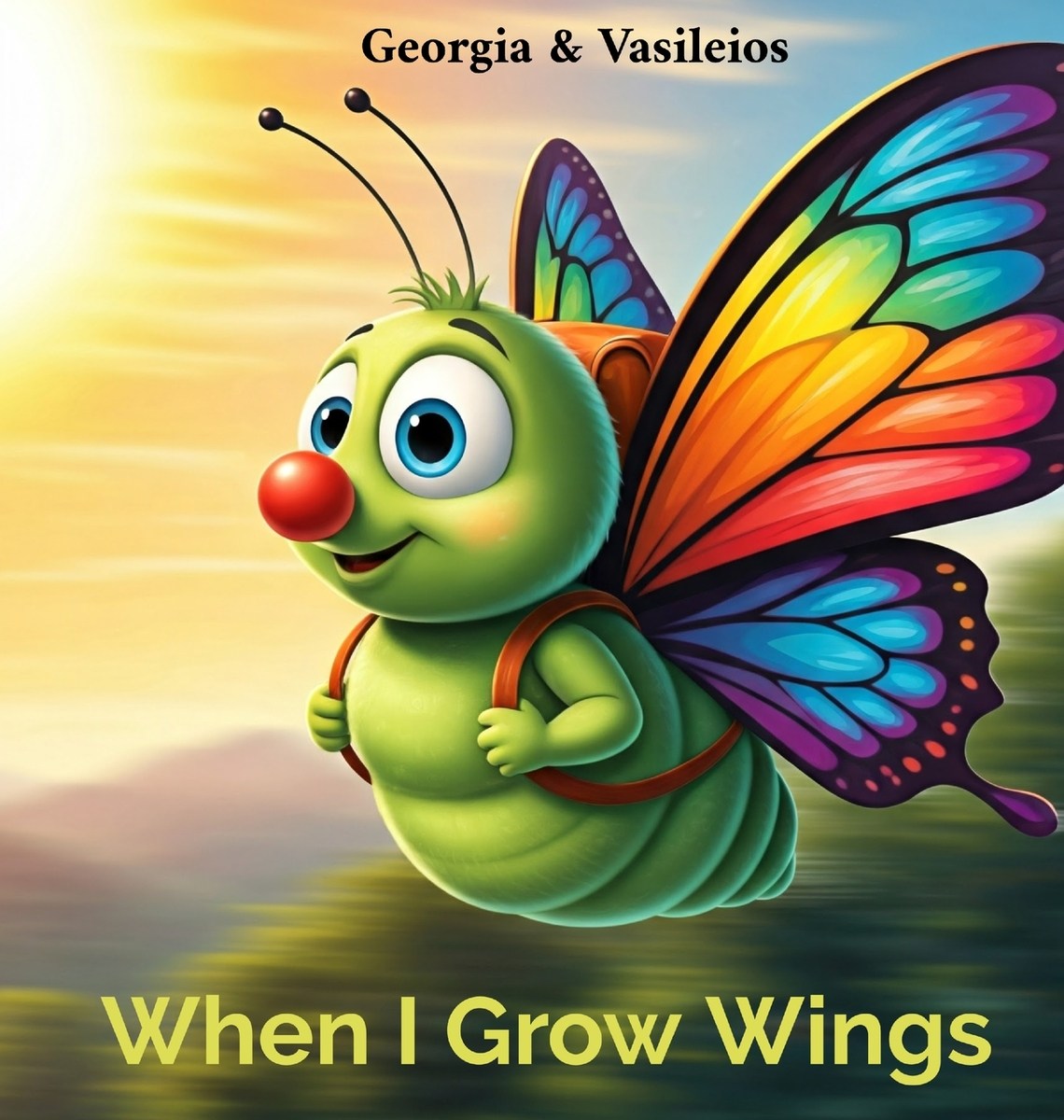 Published cover of When I Grow Wings, with a green caterpillar spreading colourful wings; credited to Georgia and Vasileios.