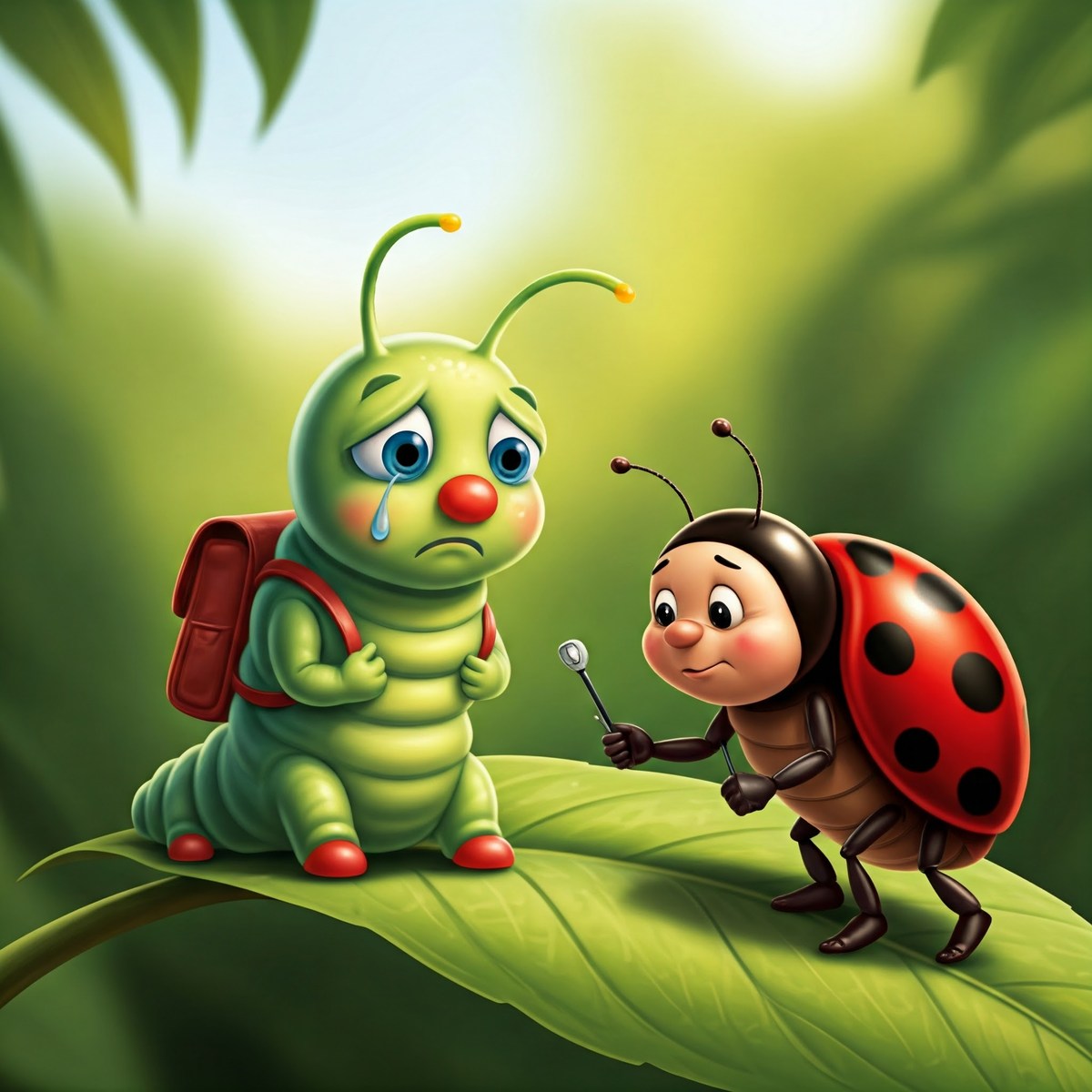 A sad young caterpillar sits on a leaf as a ladybug offers encouragement.