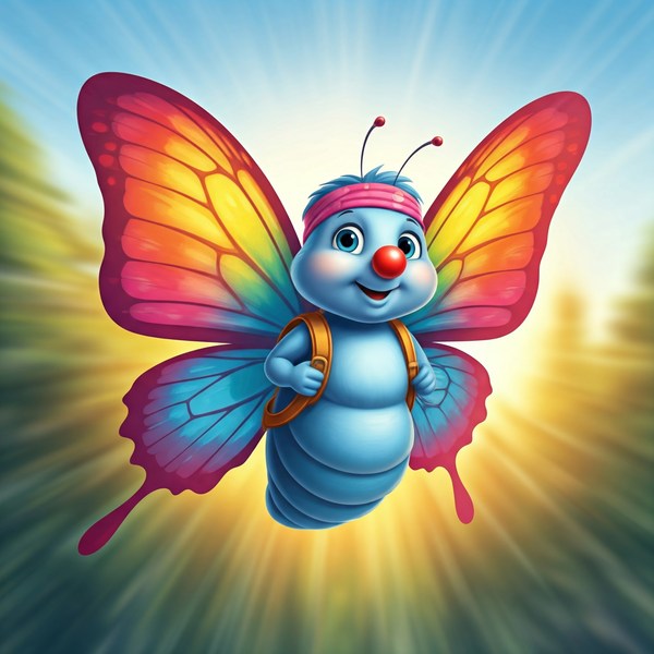 A blue butterfly with brilliant orange and yellow wings flies into the light.