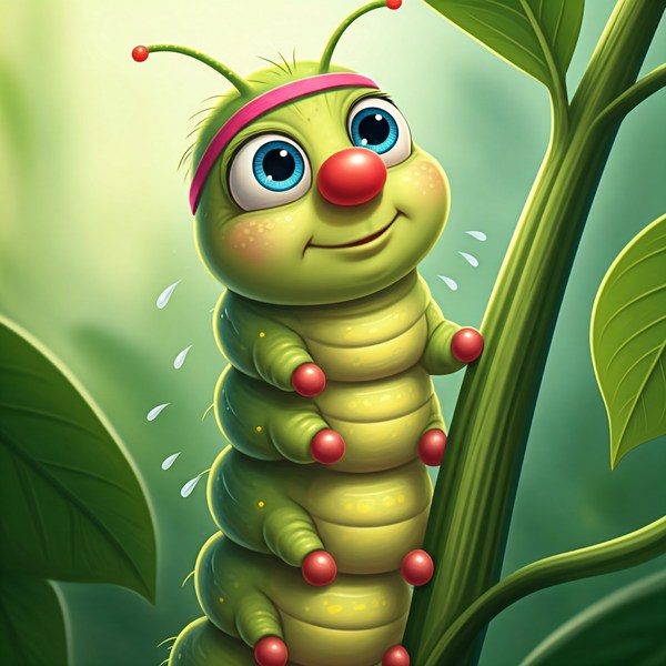 The young green caterpillar keeps climbing a leafy stem.